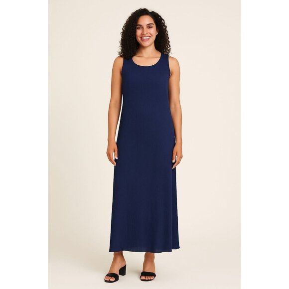 Connected Apparel Navy Crinkle Timeless Textured Minimalism Maxi‎ Dress Sz 10 - Picture 1 of 8